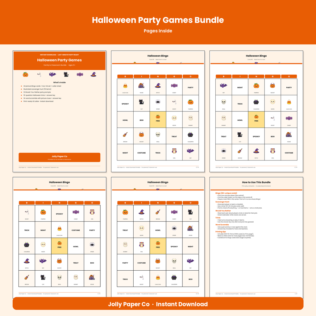 Inside pages of the Halloween party games bundle