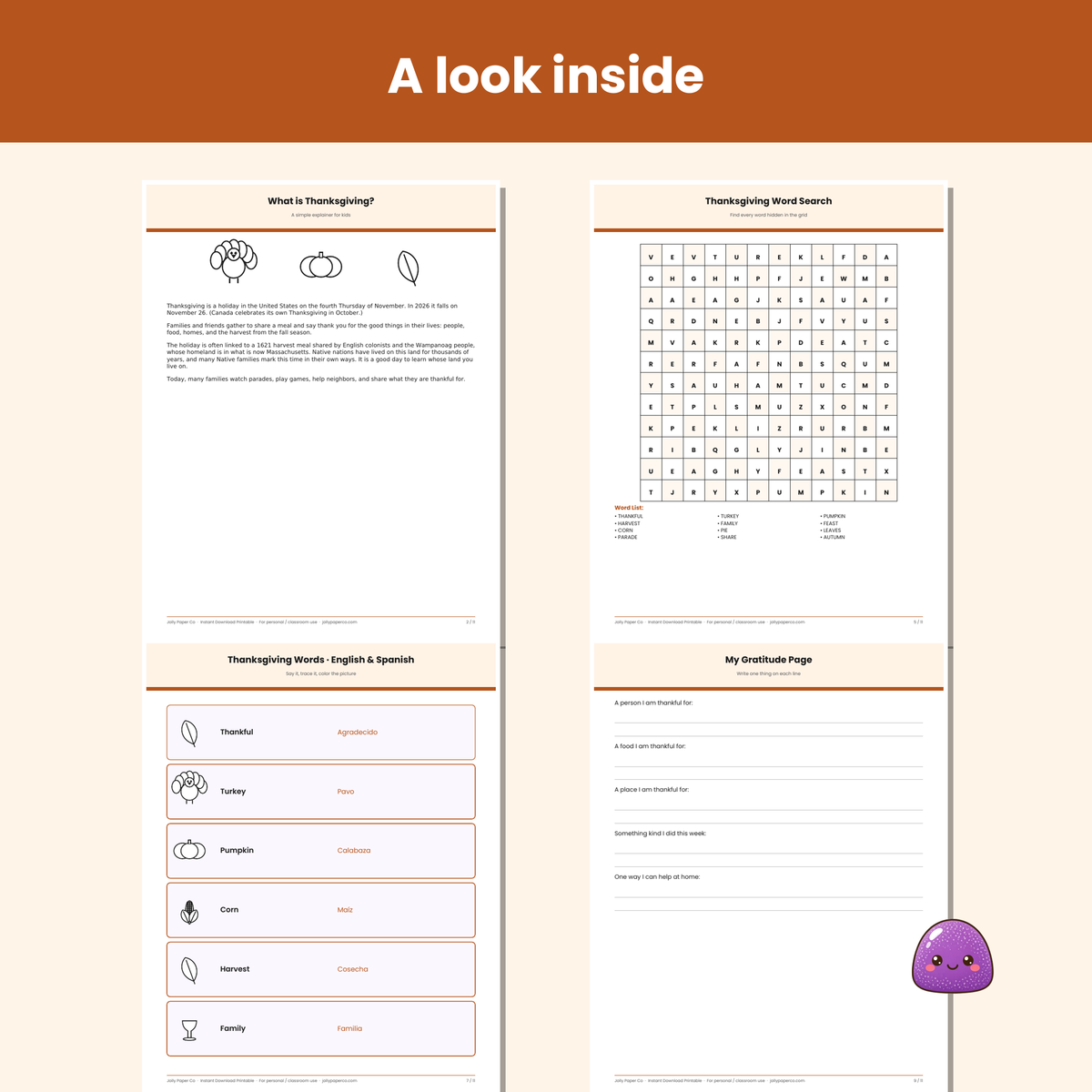 Inside pages of the Thanksgiving kids activity pack