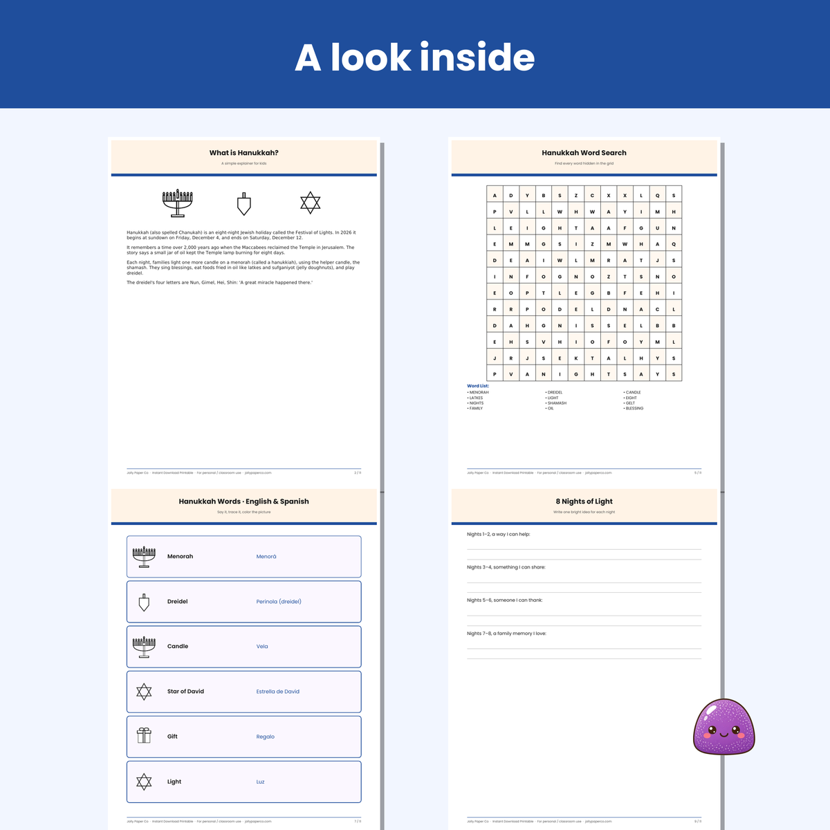 Inside pages of the Hanukkah kids activity pack