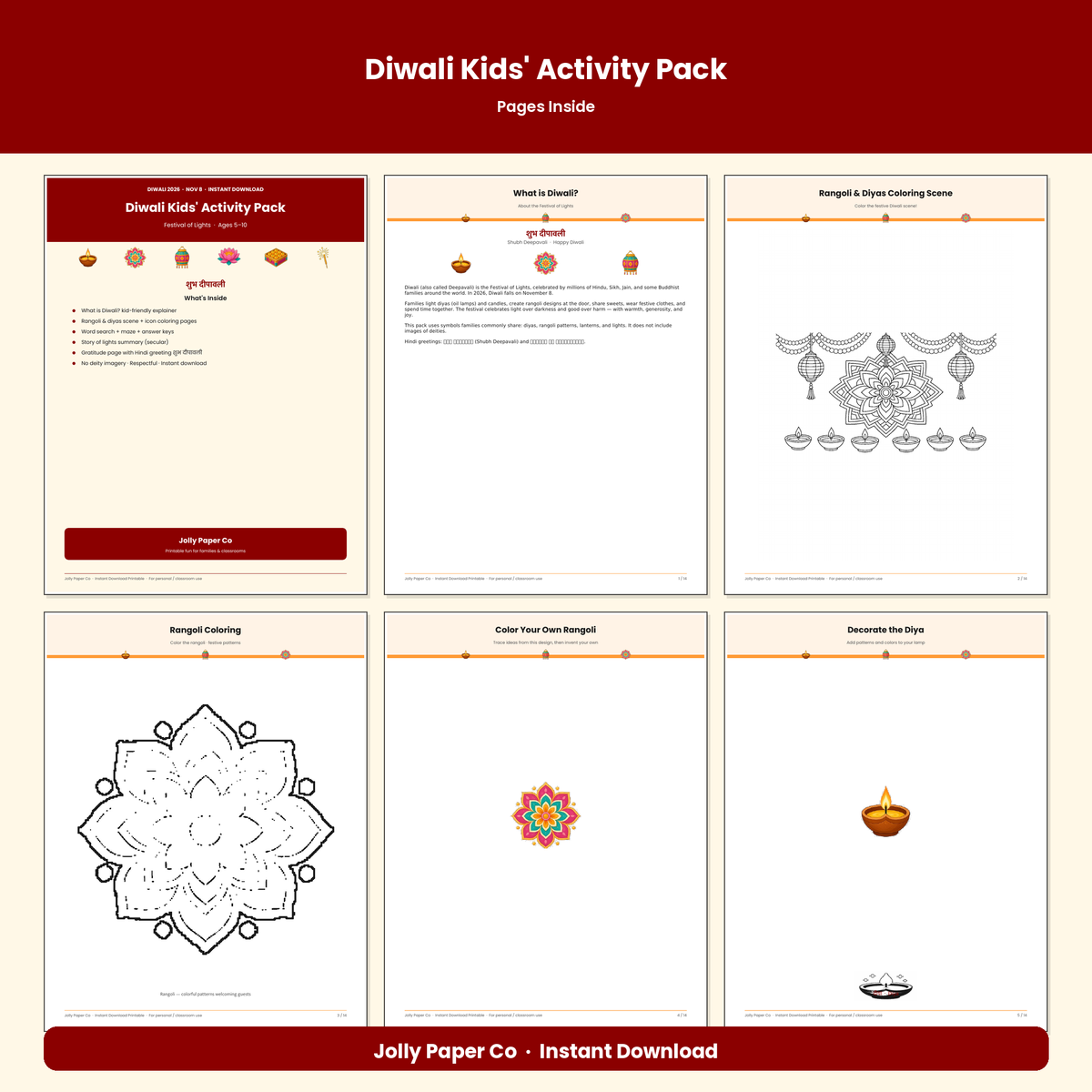 Inside pages of the Diwali kids activity pack