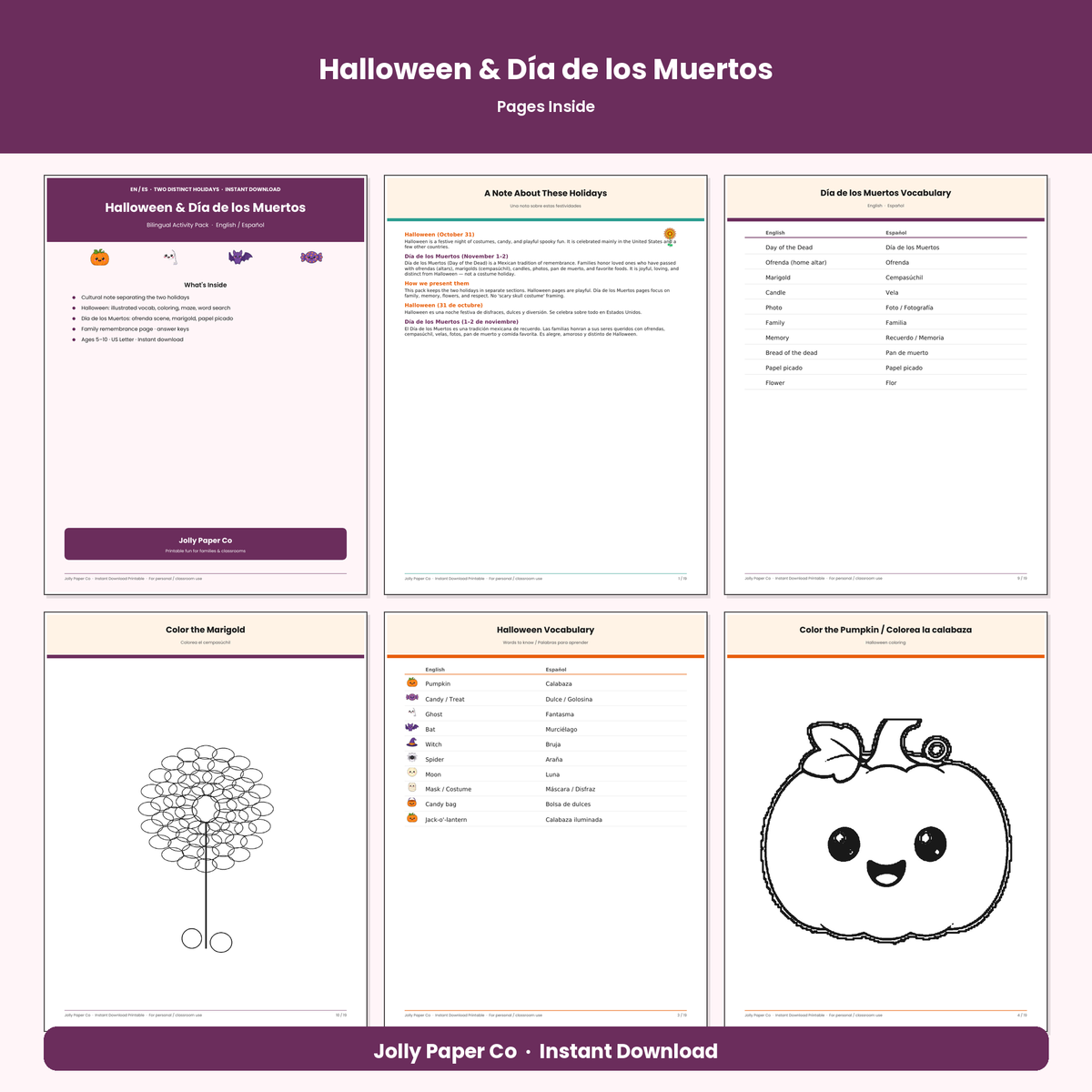Inside pages of the bilingual Halloween and Día de los Muertos pack