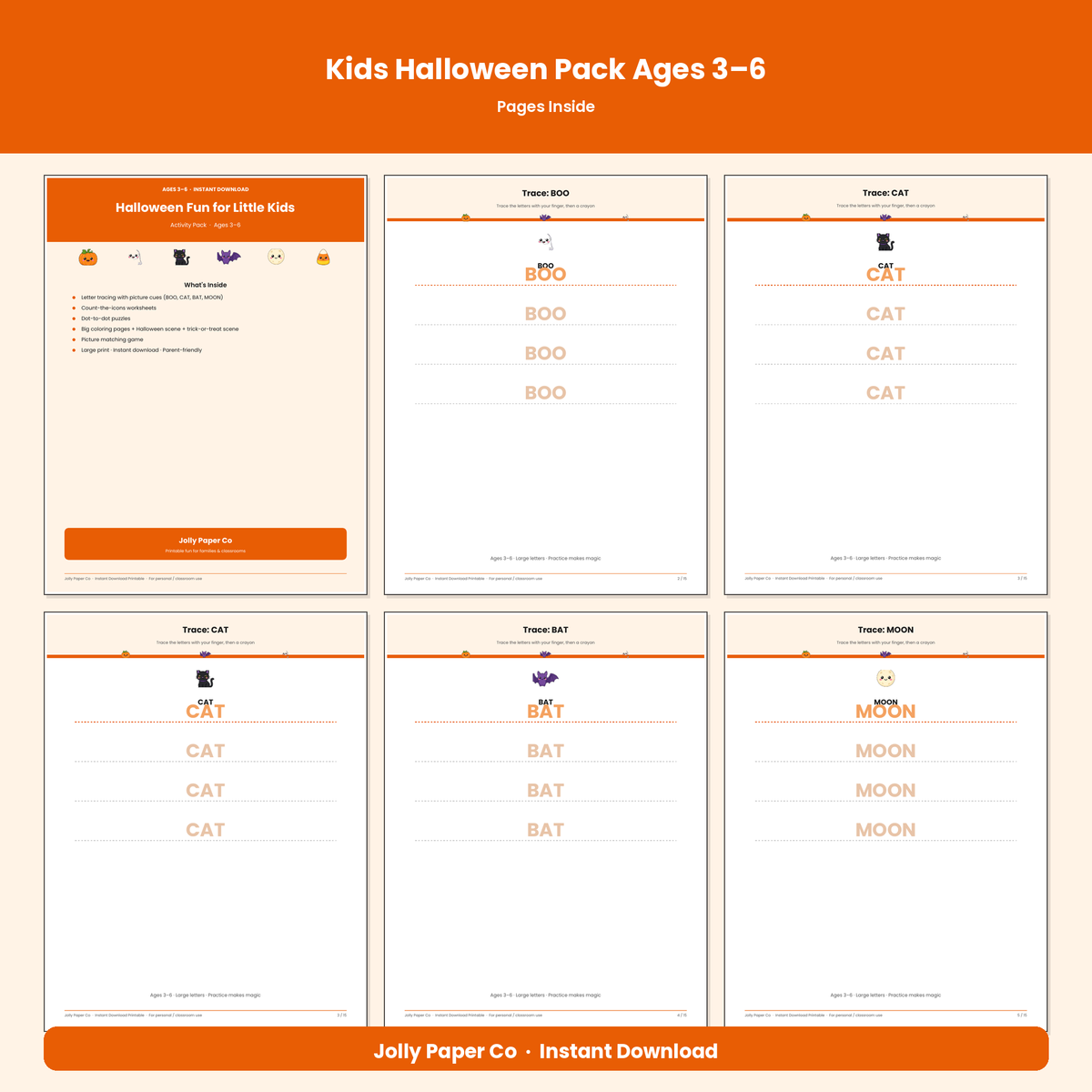 Inside pages of the Halloween activity pack for kids ages 3–6