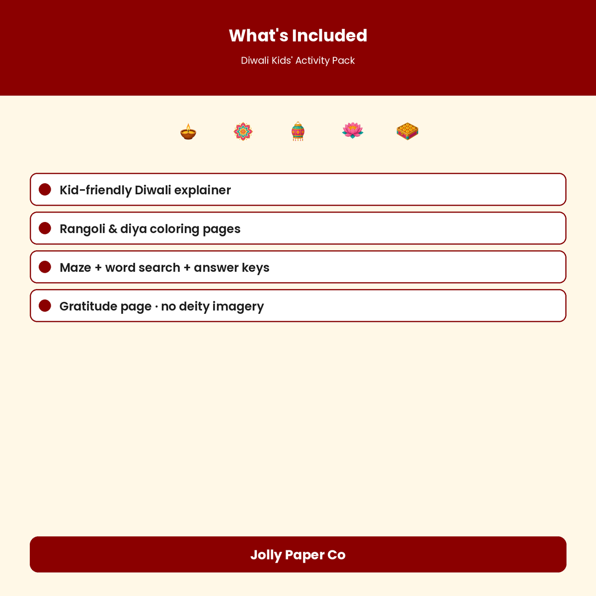 What's included in the Diwali kids activity pack