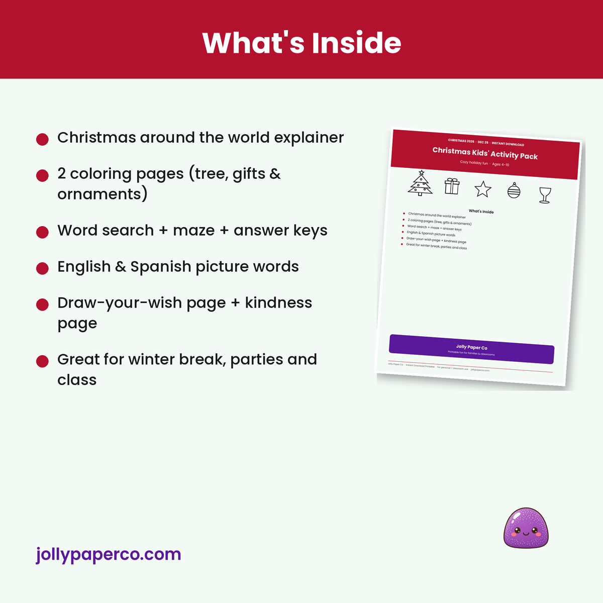 What's included in the Christmas kids activity pack